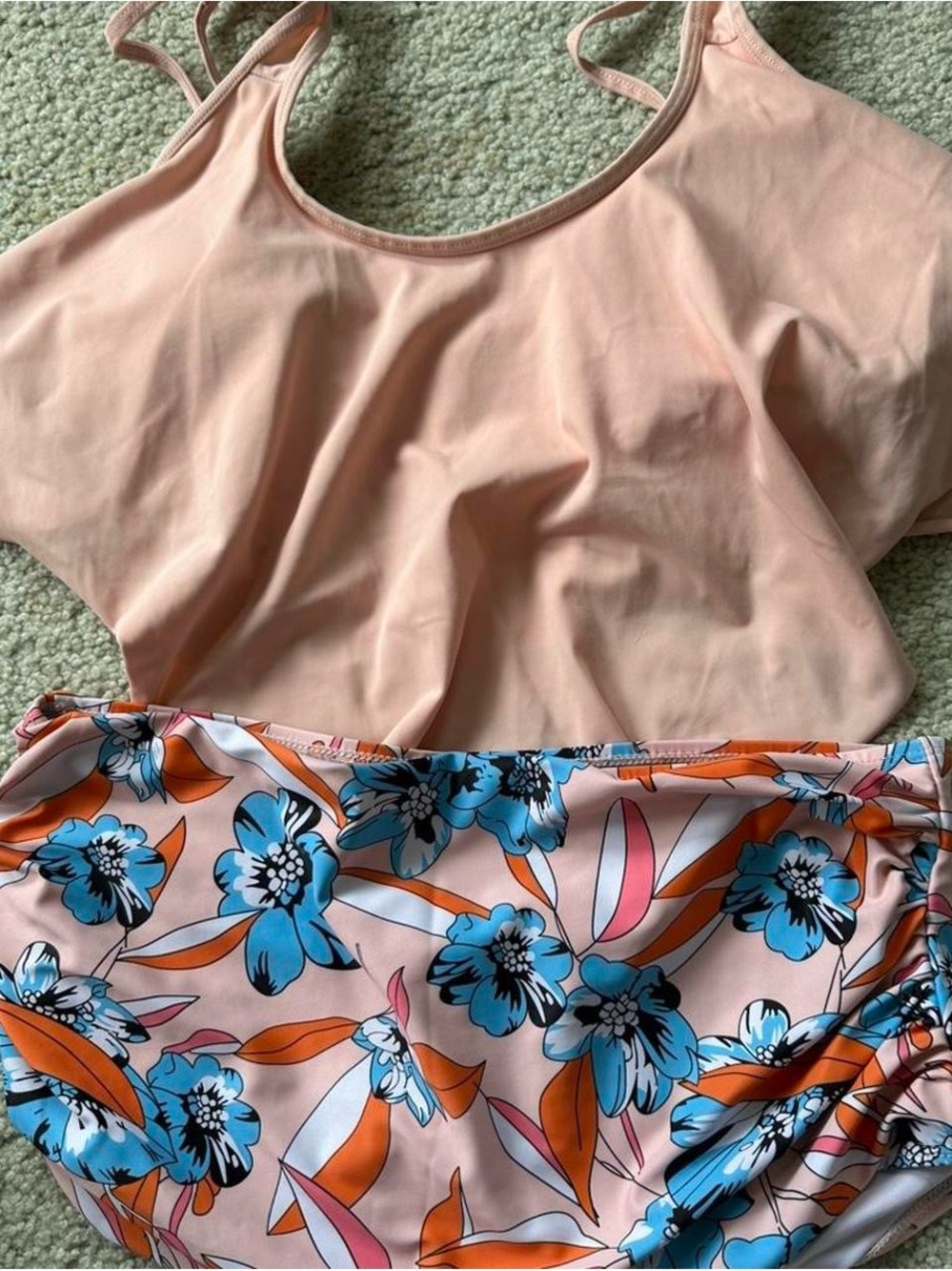 Peach Floral Two-Piece Women's Swim Top and High-Waist Bottom Set
